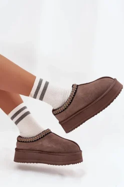 Niskie Zamszowe Śniegowce Damskie Z Haftem Na Platformie Vinceza 97960 Brązowe