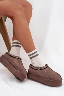 Niskie Zamszowe Śniegowce Damskie Z Haftem Na Platformie Vinceza 97960 Brązowe