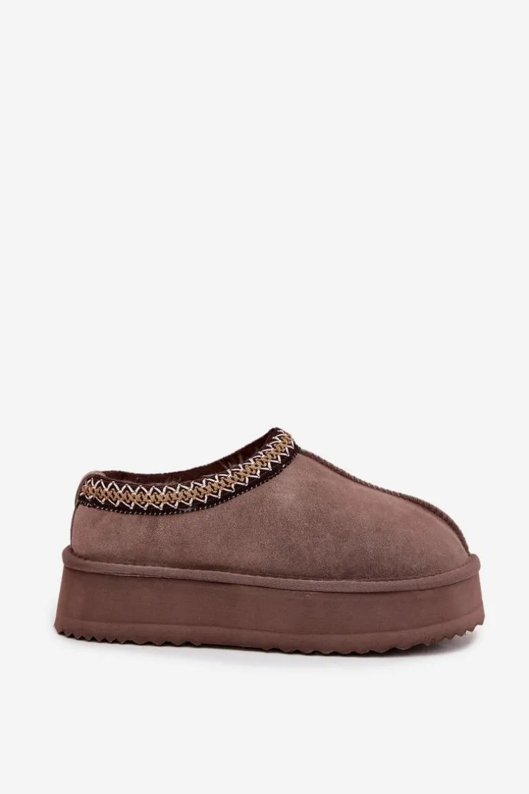 Niskie Zamszowe Śniegowce Damskie Z Haftem Na Platformie Vinceza 97960 Brązowe