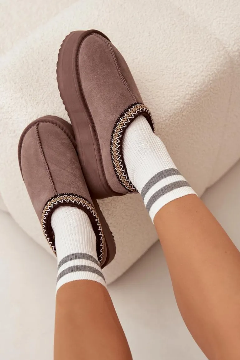 Niskie Zamszowe Śniegowce Damskie Z Haftem Na Platformie Vinceza 97960 Brązowe