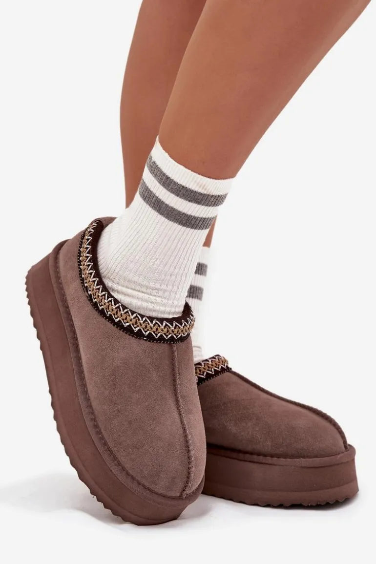 Niskie Zamszowe Śniegowce Damskie Z Haftem Na Platformie Vinceza 97960 Brązowe