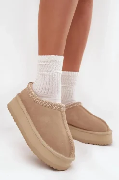 Niskie Zamszowe Śniegowce Damskie Z Haftem Na Platformie Vinceza 97960 Beżowe