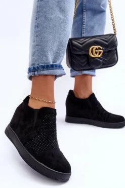 Niskie Zamszowe Zdobione Botki Damskie Czarne Afarena