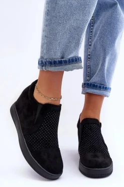 Niskie Zamszowe Zdobione Botki Damskie Czarne Afarena