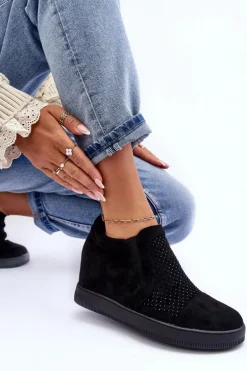 Niskie Zamszowe Zdobione Botki Damskie Czarne Afarena