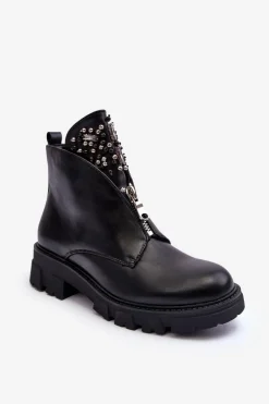 Niskie Zdobione Skórzane Botki Z Suwakiem Czarne Escika
