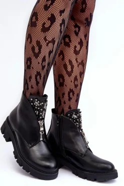 Niskie Zdobione Skórzane Botki Z Suwakiem Czarne Escika