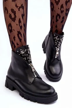 Niskie Zdobione Skórzane Botki Z Suwakiem Czarne Escika