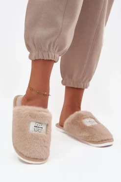 Obuwie Domowe Kapcie Damskie Futrzane Beżowe Maelis
