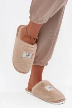Obuwie Domowe Kapcie Damskie Futrzane Beżowe Maelis