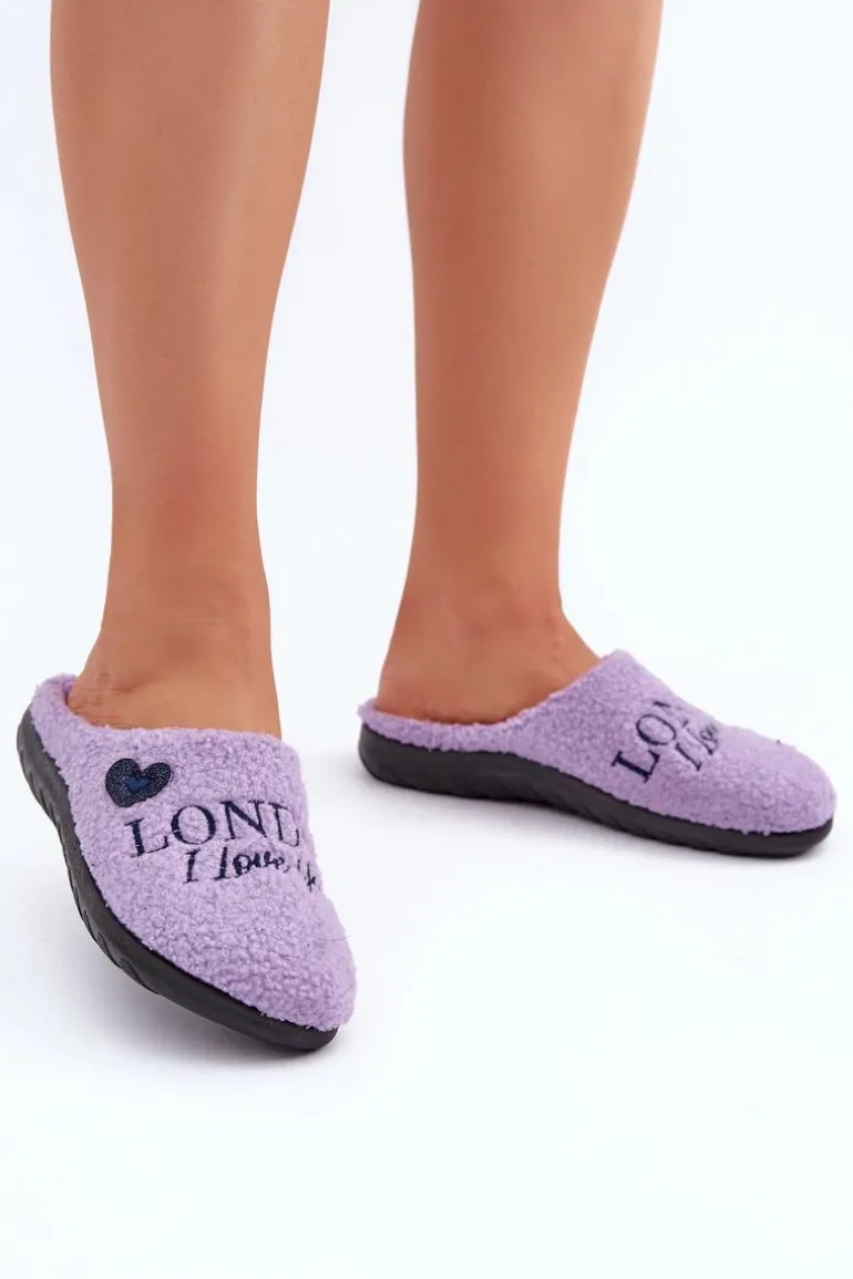 Obuwie Domowe Kapcie Damskie Z Napisem I Futerkiem Typu Baranek Inblu ET000027 Fioletowe