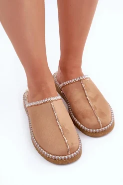 Obuwie Domowe Kapcie Z Haftem Damskie Inblu EY000028 Camel