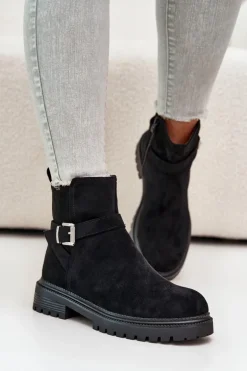 Ocieplane Botki Eko Zamszowe Na Zamek Z Klamrą Czarne Zinovelle