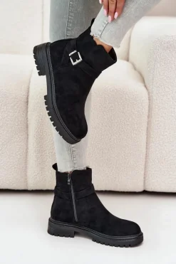 Ocieplane Botki Eko Zamszowe Na Zamek Z Klamrą Czarne Zinovelle