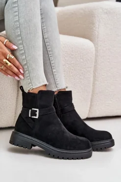 Ocieplane Botki Eko Zamszowe Na Zamek Z Klamrą Czarne Zinovelle