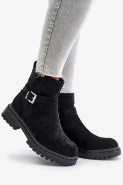 Ocieplane Botki Eko Zamszowe Na Zamek Z Klamrą Czarne Zinovelle