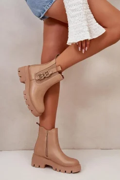 Ocieplane Botki Damskie Eko Skórzane Ze Złotą Ozdobą Beżowe Erivianes