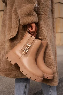 Ocieplane Botki Damskie Eko Skórzane Ze Złotą Ozdobą Beżowe Erivianes