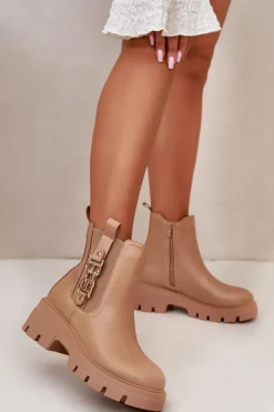 Ocieplane Botki Damskie Eko Skórzane Ze Złotą Ozdobą Beżowe Erivianes