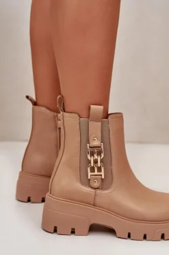 Ocieplane Botki Damskie Eko Skórzane Ze Złotą Ozdobą Beżowe Erivianes