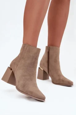 Ocieplane Botki Damskie Na Słupku Z Eko Zamszu Beżowe Brivelle