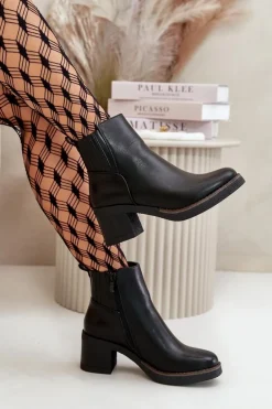 Ocieplane Botki Damskie Na Słupku Eko Skórzane Czarne Irittes
