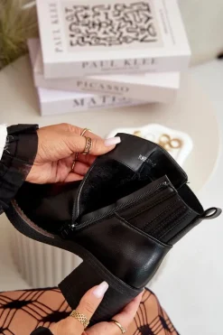 Ocieplane Botki Damskie Na Słupku Eko Skórzane Czarne Irittes