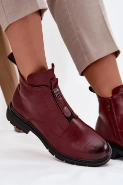 Ocieplane Botki Damskie Na Zamek Z Ozdobnym Detalem Bordowe Roselle