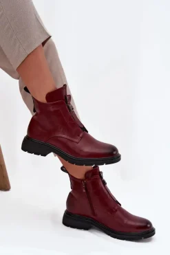 Ocieplane Botki Damskie Na Zamek Z Ozdobnym Detalem Bordowe Roselle