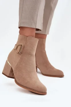 Ocieplane Botki Damskie Na Słupku Ze Złotymi Elementami Beżowe Ambrine
