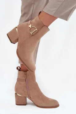 Ocieplane Botki Damskie Na Słupku Ze Złotymi Elementami Beżowe Ambrine