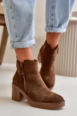 Ocieplane Botki Damskie Na Słupku Z Eko Zamszu Ciemnobrązowe Velarilla