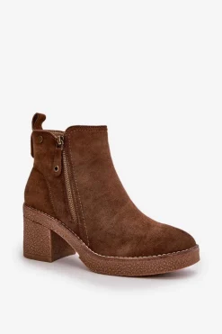 Ocieplane Botki Damskie Na Słupku Z Eko Zamszu Ciemnobrązowe Velarilla