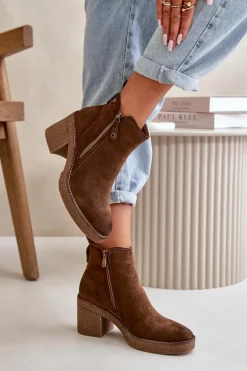 Ocieplane Botki Damskie Na Słupku Z Eko Zamszu Ciemnobrązowe Velarilla