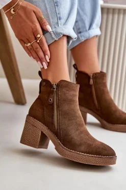 Ocieplane Botki Damskie Na Słupku Z Eko Zamszu Ciemnobrązowe Velarilla