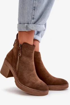 Ocieplane Botki Damskie Na Słupku Z Eko Zamszu Ciemnobrązowe Velarilla