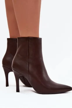 Ocieplane Botki Damskie Na Szpilce Eko Skórzane Czekoladowe Nolisse