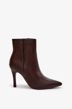 Ocieplane Botki Damskie Na Szpilce Eko Skórzane Czekoladowe Nolisse