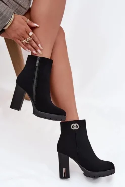 Ocieplane Botki Damskie Na Słupku Z Ozdobnym Detalem Czarne Vessara