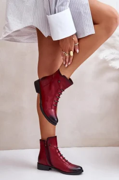 Ocieplane Botki Damskie Na Płaskim Obcasie Bordowe Labise