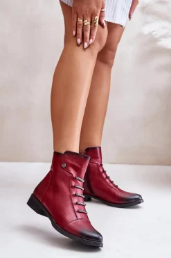 Ocieplane Botki Damskie Na Płaskim Obcasie Bordowe Labise
