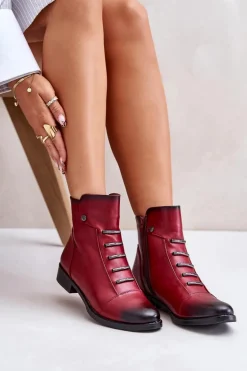 Ocieplane Botki Damskie Na Płaskim Obcasie Bordowe Labise