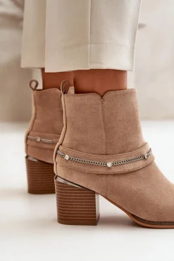 Ocieplane Botki Damskie Na Słupku Z Łańcuszkiem Eko Zamszowe Beżowe Hanalen