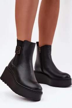 Ocieplane Botki Damskie Na Koturnie Z Ozdobnym Detalem Vinceza 58551 Czarne