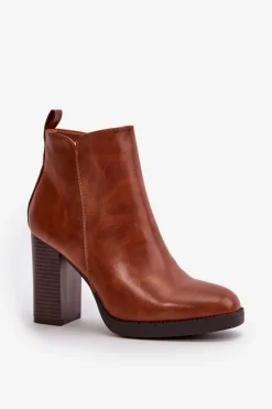 Ocieplane Botki Damskie Na Słupku Eko Skórzane Brązowe Teresine