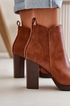 Ocieplane Botki Damskie Na Słupku Eko Skórzane Brązowe Teresine