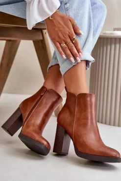 Ocieplane Botki Damskie Na Słupku Eko Skórzane Brązowe Teresine