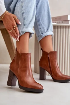 Ocieplane Botki Damskie Na Słupku Eko Skórzane Brązowe Teresine