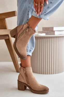 Ocieplane Botki Damskie Na Słupku Z Eko Zamszu Beżowe Velarilla