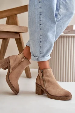 Ocieplane Botki Damskie Na Słupku Z Eko Zamszu Beżowe Velarilla